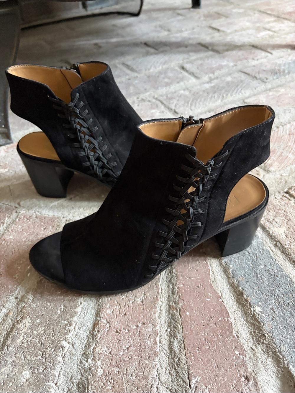 Black Suede Cutout Heel Sandals with Braided Detail size 9